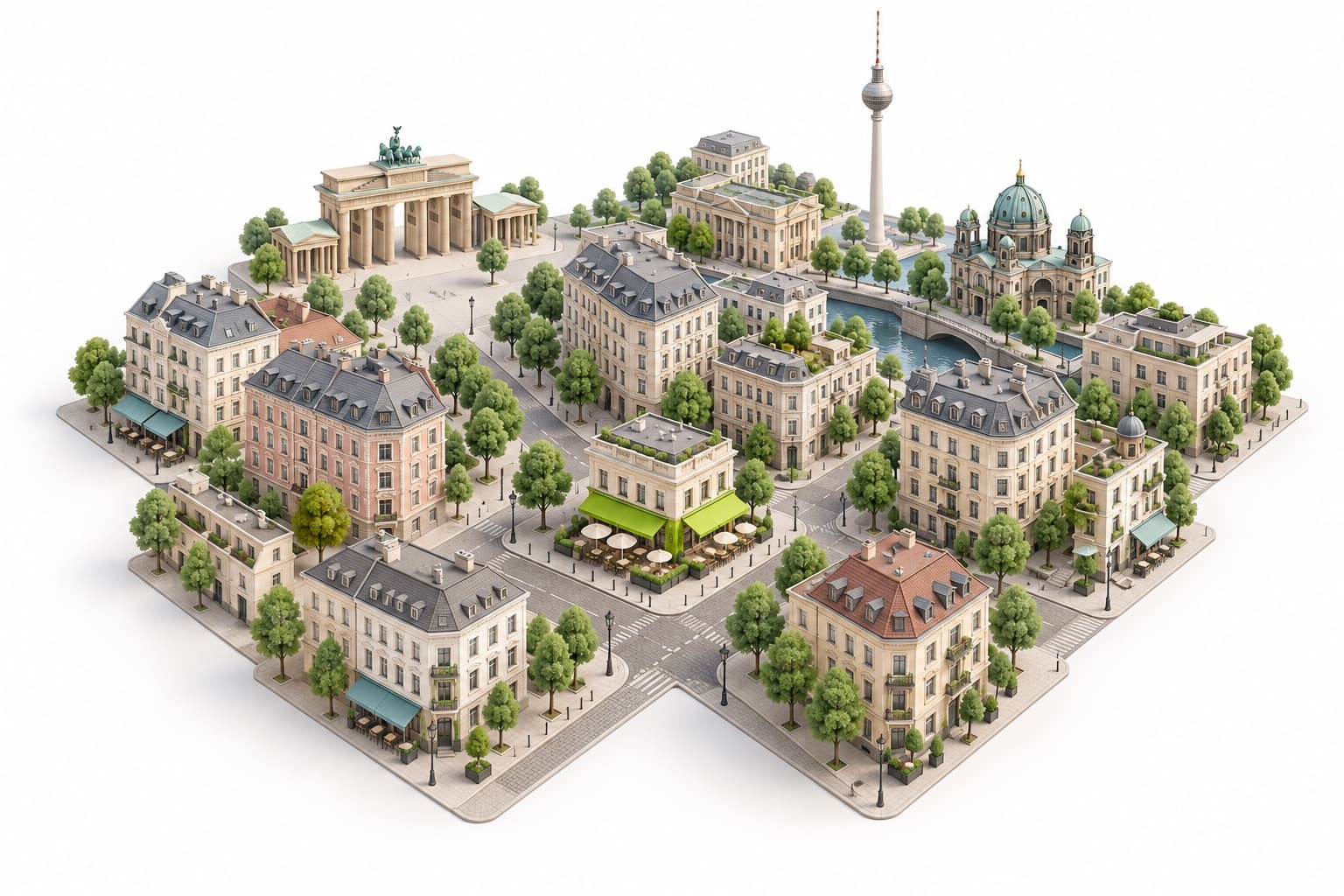 Berlin im Miniaturformat: Ihr Burger-Restaurant in Grün, umgeben von den Mitbewerbern Ihrer leegue.