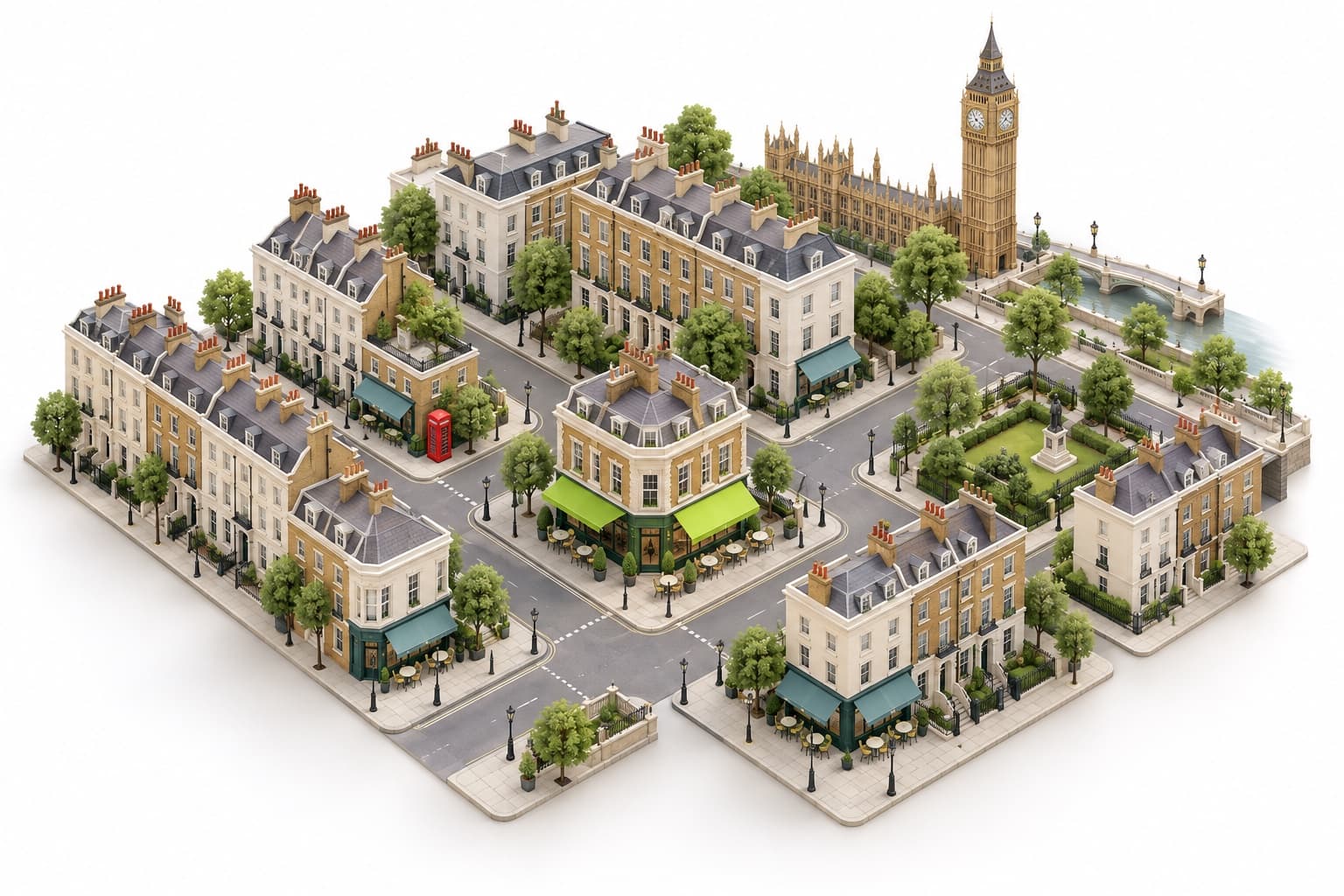 London in miniature: your burger restaurant in green, surrounded by the competitors in your leegue.