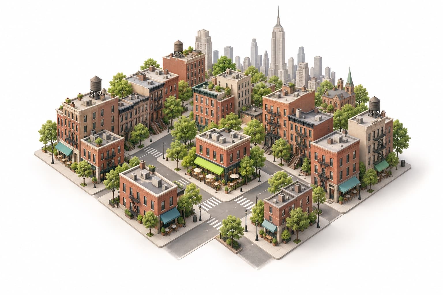 New York in miniature: your burger restaurant in green, surrounded by the competitors in your leegue.