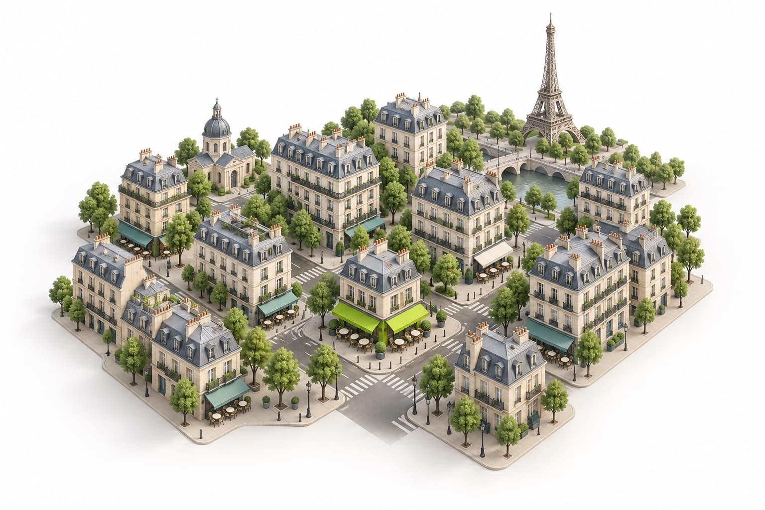 Paris en miniature : votre restaurant de burgers en vert, entouré des concurrents de votre leegue.